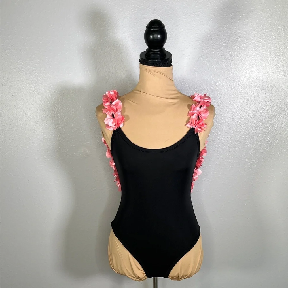 Black pink floral appliqué Scoop Back OnePiece cheeky Swimsuit S coquette resort - Picture 2 of 11